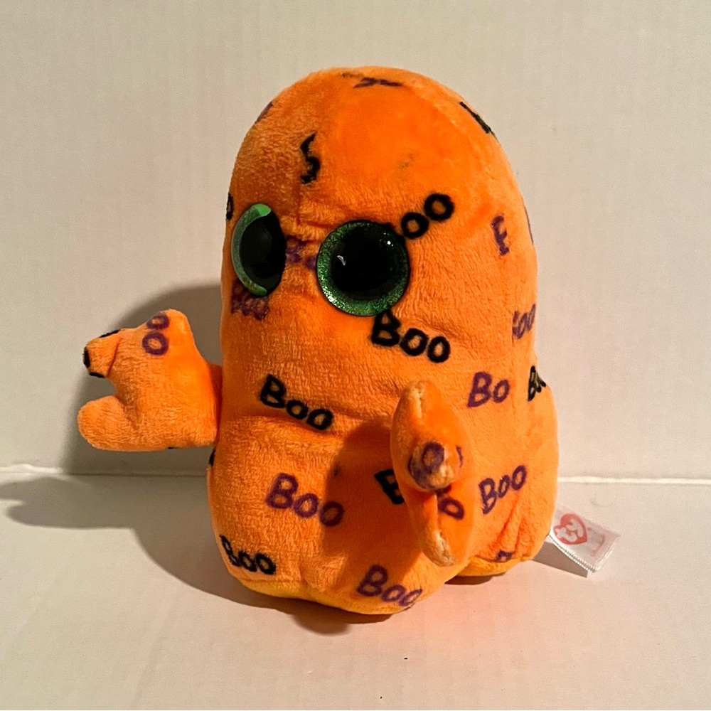 Pre-Owned TY Halloween Beanie Boo Orange Ghost w/ Green Eyes Plush Doll Toy